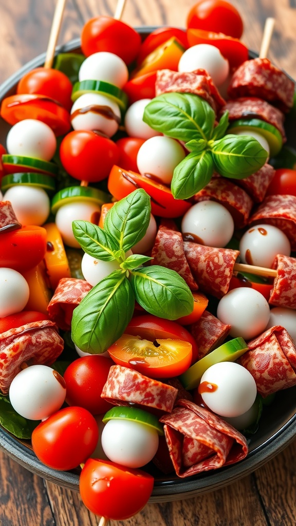 A vibrant display of cold appetizer skewers with tomatoes, mozzarella, cucumber, bell pepper, and salami on a wooden platter.